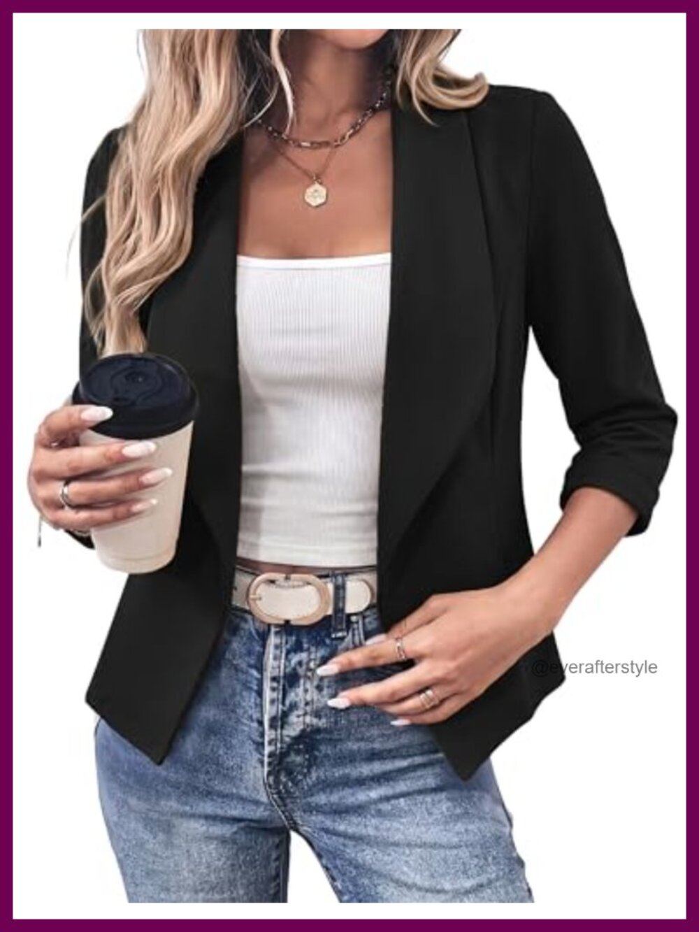 Women's Cropped Blazer 3/4 Sleeve Open Front Lightweight Business Casual